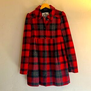 BB Dakota Red Plaid Peacoat, Size Medium